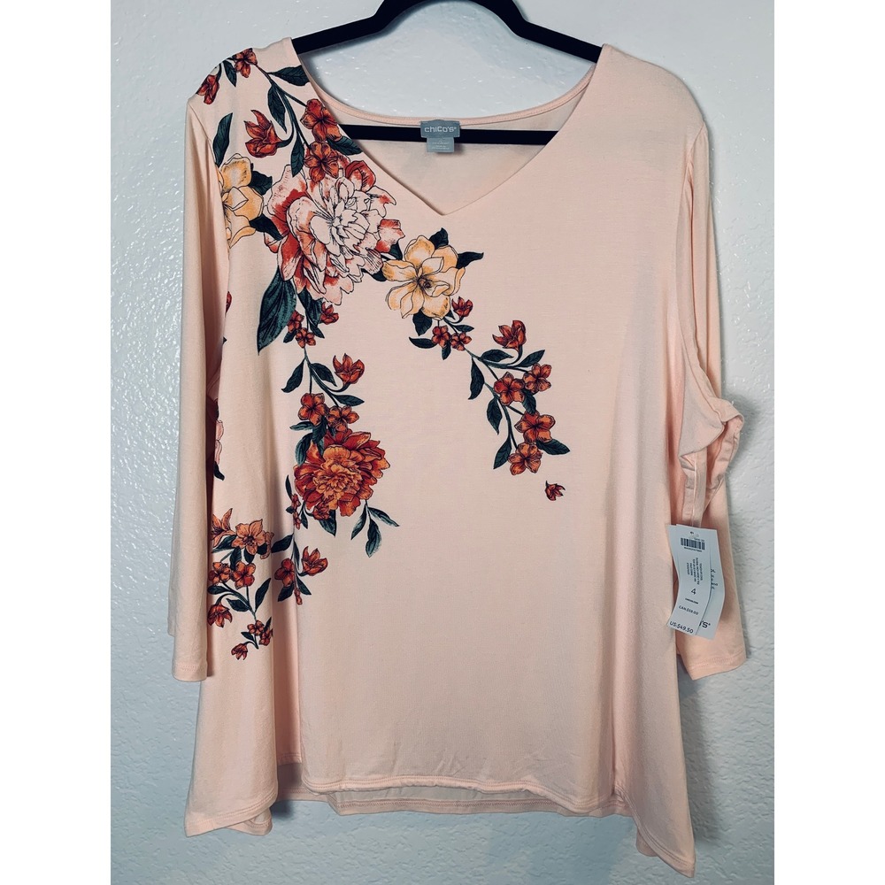 Chico's Touch of Cool V-Neck Tee Womens 4 XXL Pale Coral Floral 3/4 Sleeve Top